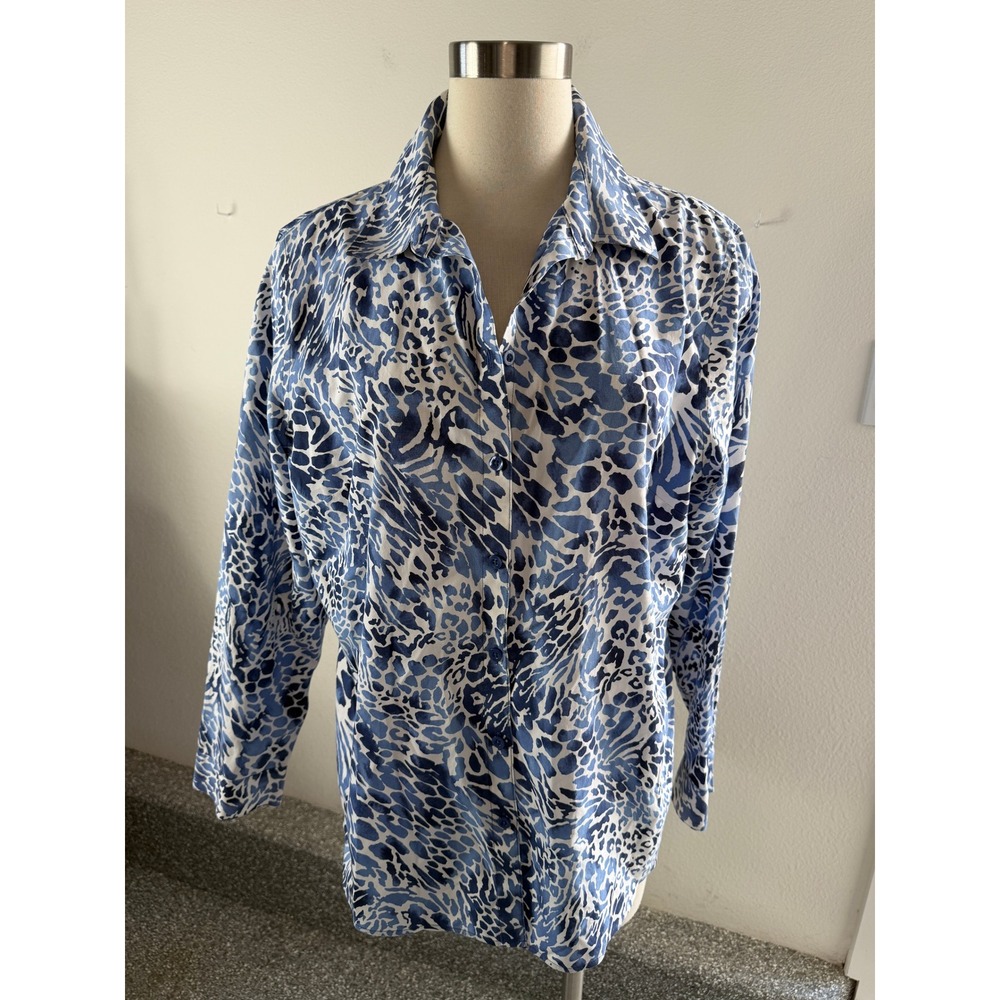 Chicos Womens XL No Iron Button Up Shirt Blue White Animal Print Long Sleeve